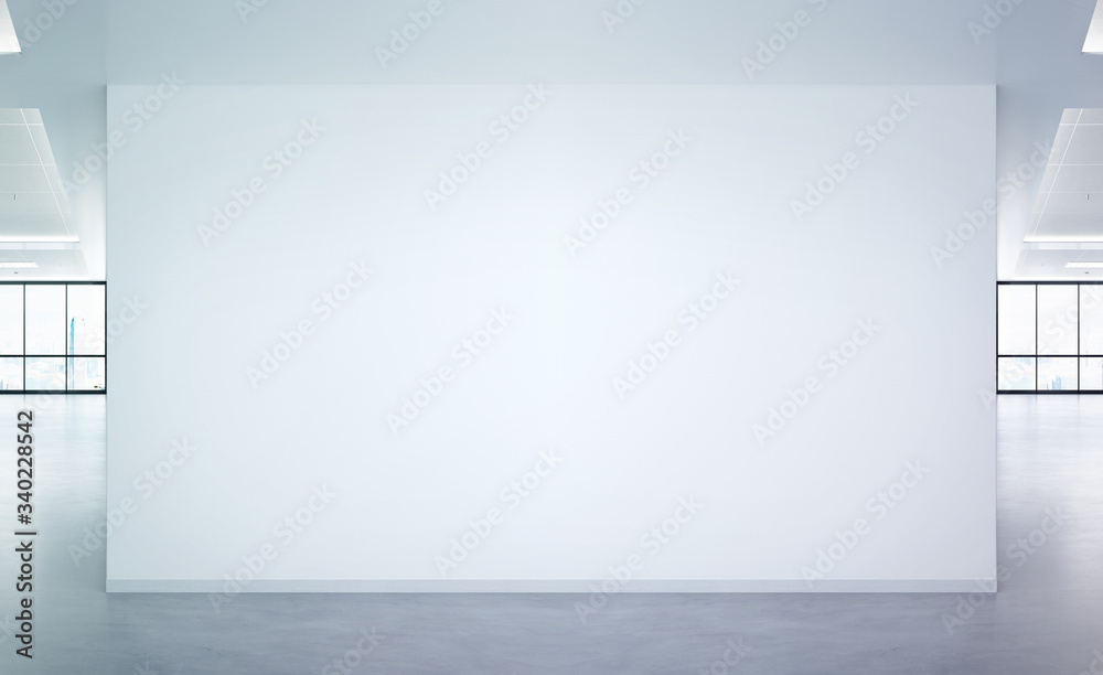 Aufkleber blank wall in bright office mockup with large windows and sun passing through 3d rendering