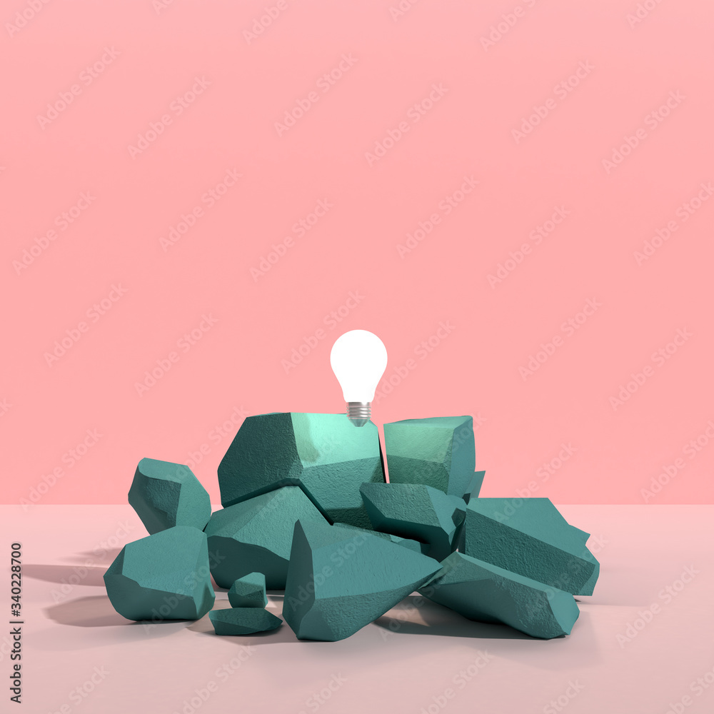 Poster Minimal abstract of floating light bulb above the cracked rock on color background 3D rendering.