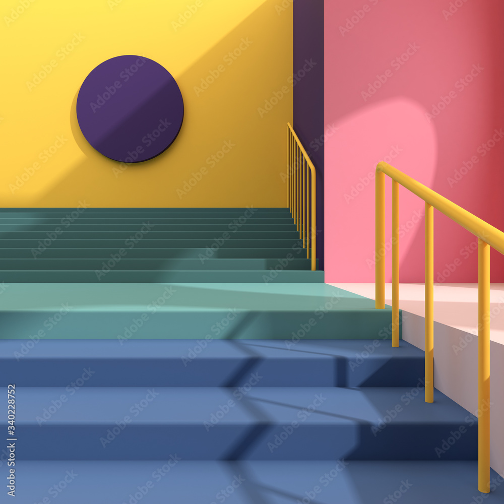 Poster Minimal abstract building space with geometry shape and staircase on blue sky background, Architectural details with shade and shadow on colorful wall. 3D rendering.