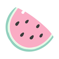 Fototapeta premium Vector illustration. Cute colorful piece of watermelon with seeds isolated on white. Hand drawn simple doodle clipart. Summer tropical fruit. Perfect for menu, poster, food banner.