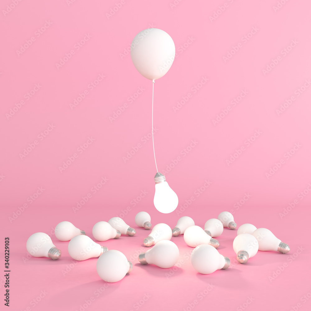 Poster Minimal conceptual idea of light bulb and floating balloon around the white bulbs on pink background. 3D rendering.