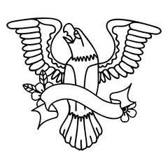black linework tattoo with banner of an american eagle