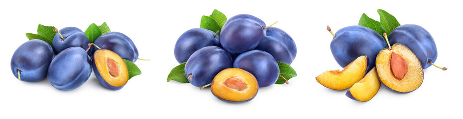 fresh blue plum with leaves isolated on white background. Set or collection