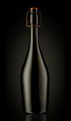 Unlabeled bottle of sparkling wine, with swing top closure, isolated on dark background, clipping...