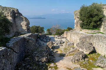 Roman ruins Grotte di Catullo or Grotto at Sirmione, Lake Garda, Northern Italy