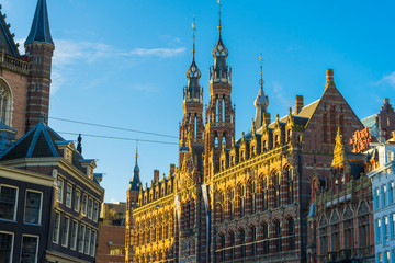 Beautiful architecture of Magna Plaza shopping center, the former main post office in Amsterdam,...