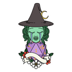 crying orc witch with natural one D20 roll illustration