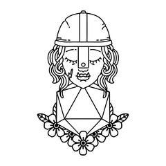 half orc fighter character with natural twenty dice roll illustration