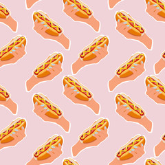 Seamless fast food pattern of hot dogs with buns in hand, grilled sausages, spicy mustard sauce isolated on light pink background. Colorful sandwiches pattern for street food or takeaway menu, ets.