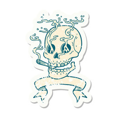 grunge sticker with banner of a skull smoking