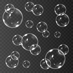 Realistic soap bubbles with rainbow reflection set of isolated vector illustrations.