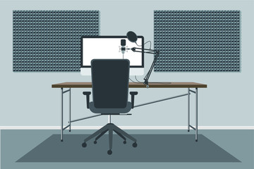 Podcasting / Audio recording studio with microphone and acoustic foam on wall