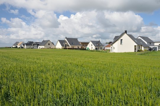 Urbanisation des terres agricoles, lotissement r&eacute;cent en bordure de champ