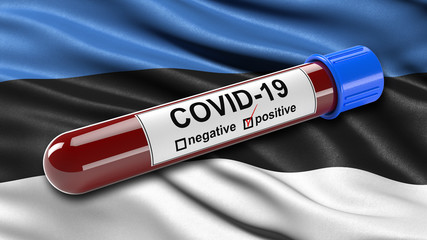 Obraz premium Flag of Estonia waving in the wind with a positive Covid-19 blood test tube. 3D illustration concept for blood testing for diagnosis of the new Corona virus.