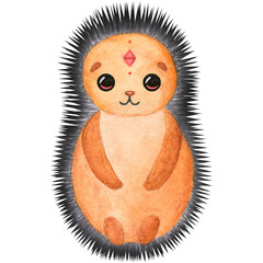 Watercolor cute Hedgehog with flower. Cartoon animal character. Illustration for birthday, cartoon, print, game, textile.