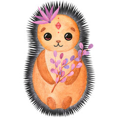 Watercolor cute Hedgehog with flower. Cartoon animal character. Illustration for birthday, cartoon, print, game, textile.