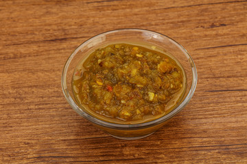 Green spicy sauce in the bowl