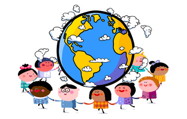 Naklejka premium Children day or Earth day. Happy children of different nations and skin colour dancing together in a circle holding their hands around the earth globe with cute clouds. Party, celebration, etc...