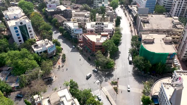 Aerial footage of empty roads / streets of Mumbai (Century bazaar / Prabhadevi) during lockdown April 2020 (Corona/Covid-19) - Maharashtra, India