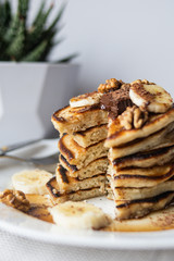 Delicious homemade banana pancake cut stack