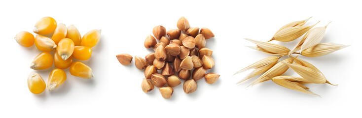 Cereal isolated. Corn, buckwheat, oat grains on white. Heap of seeds top view.
