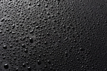 close-up view of water drops on black hydrophobic surface macro sith selective cous and background...