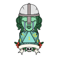 crying orc fighter character with natural one D20 roll illustration