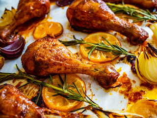 Sheet-pan barbecue chicken drumsticks with roast vegetables
