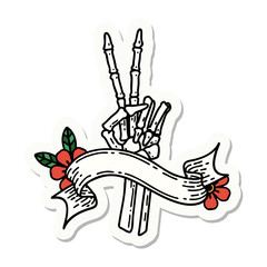 tattoo sticker with banner of a skeleton hand giving a peace sign