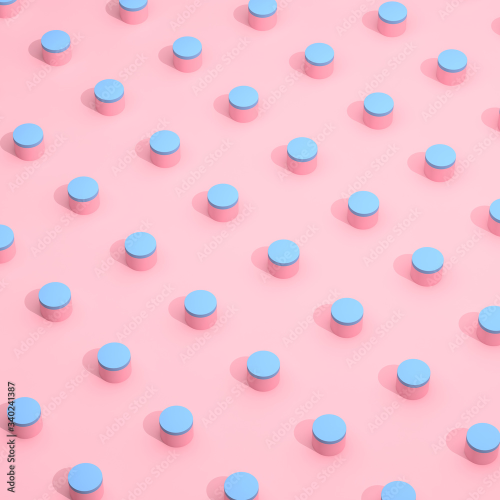 Poster Minimal pattern of cylinder shape and shadow on pink background. geometry with pastel color style. 3D rendering.
