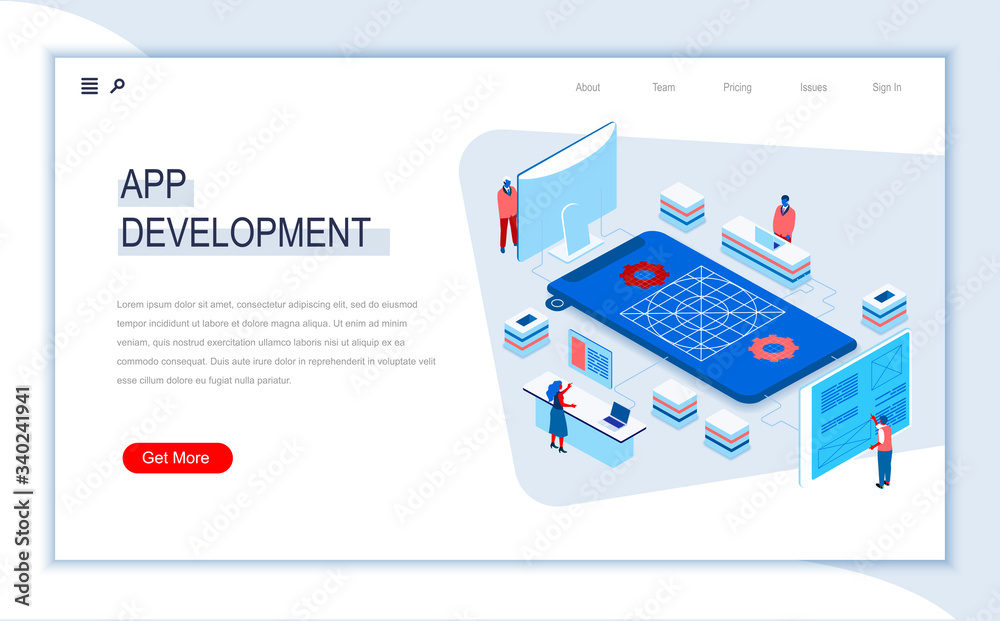 Fototapete app development isometric landing page. ui ux usability design, application prototyping, constructio