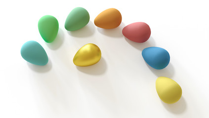 Easter multi-colored eggs on a pure white background. 3D render