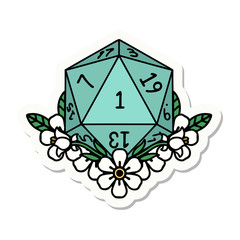 natural one dice roll with floral elements sticker