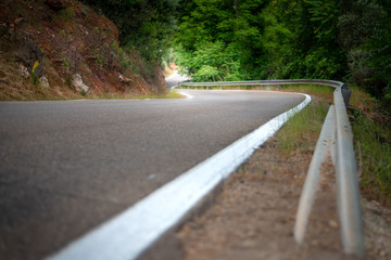  Horizontal color image with a front view of a curved road in the forest with white lines
