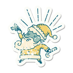 grunge sticker of tattoo style santa claus christmas character celebrating