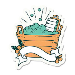 sticker of tattoo style old washboard and scrubbing bowl