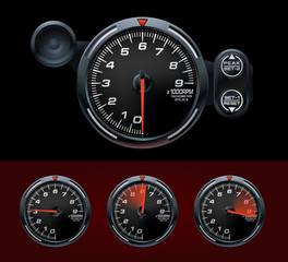 Tachometer  Speedometer Dashboard  Car Motorbike. Vector dashboard speedometer isolated. Realistic sensor panel with arrows. Scale of level gasoline, vehicle tachometer.