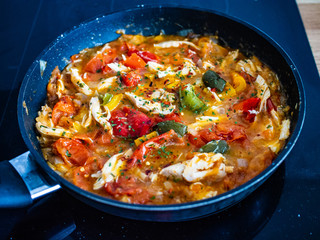 Chicken ragout with tomatoes, pepper and onion in cooking pan