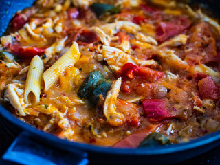 Chicken ragout with tomatoes, pepper and onion in cooking pan