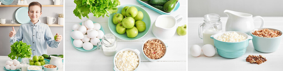 Clean food of healthy culinary ingredients. Food frame. Superfood concept. Fitness breakfast. Healthy eating and nutrition, dieting, vegetarian cuisine, cooking concept. Banner, collage