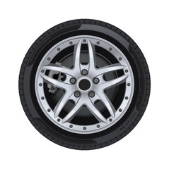 Tire car. Car disk with tire isolated. 3D illustration of car tire isolated on white background. Car wheel. Black rubber wheel. Realistic vector. © Strajinsky