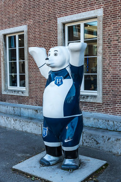 Hertha Bear, one of the United Buddy Bears sculptures. Situated in front of Hertha BSC Football club Fanshop building on Hanns-Braun-Strasse in Berlin, Germany