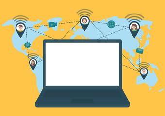 Laptop with global network line and world map on yellow background. Internet connection, online communication, business and technology concept. Flat style vector illustration.