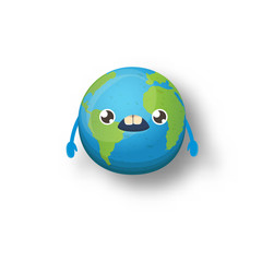 Cartoon cute smiling earth planet character isolated on white background. Eath day concept design party poster template with funny kawaii earth globe