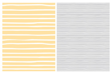 Fototapeta premium Set of 2 Hand Drawn Irregular Geometric Vector Patterns. White Horizontal Stripes Isolated on a Pastel Yellow and Light Gray Background. Infantile Style Abstract Graphic. Cute Repeatable Design.