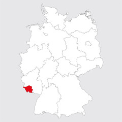 Saarland province highlighted on germany map. Gray background. German political map.