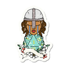 crying human fighter with natural one D20 roll illustration