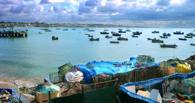 Beach panorama and fisherman's village in the Portuguese Riviera in Cascais, Portugal, 4K