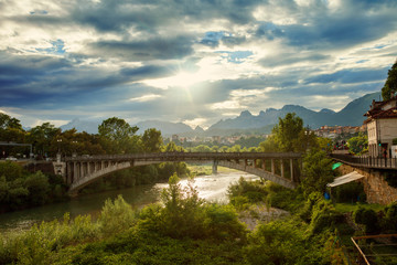 Monte Grappa bridge over Piave river in Belluno region, Veneto province - 340248355