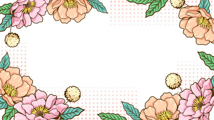 Pink and orange flower frame, orange spotted pattern on white background. Vector illustration. Perfect for copy space background, screen wallpaper digital media, card, etc.